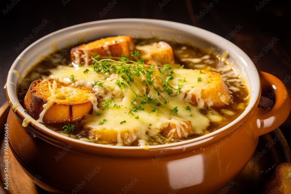 Photo of a steaming bowl of French Onion soup topped with melted cheese and crispy croutons, capturing the rich flavors and textures of this classic dish