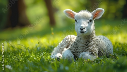 A young sheep is resting on the grass in a natural landscape, looking directly at the camera with its adorable snout © RichWolf