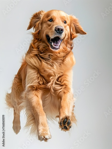 Energetic golden retriever dog happily playing and having fun outdoors in natural setting