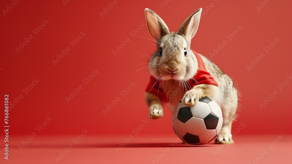 Obraz premium Energetic Rabbit Soccer Player Celebrates Triumphantly with Ball on Red Background