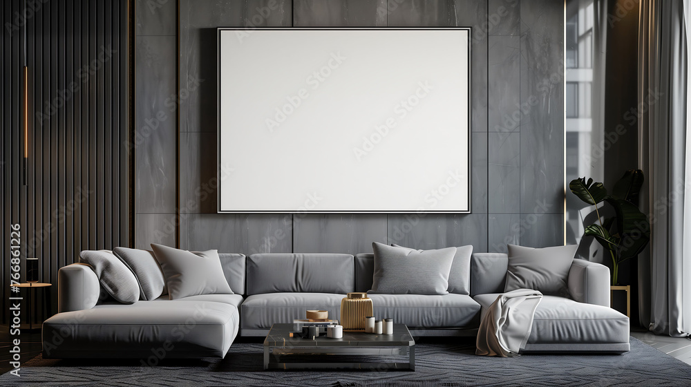 Modern minimalist interior with empty poster frame mockup Modern minimalist interior with empty poster frame mockup