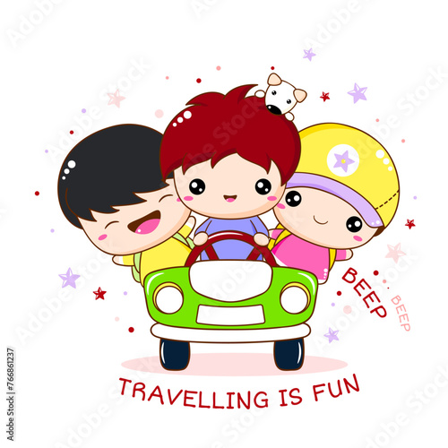 Cute traveler friends rides in the car. Three adventurers boys and dog by car. Inscription Travelling is fun. Can be used for kids room poster, print, t-shirt design. Vector illustration EPS8