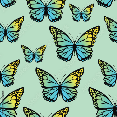 Seamless pattern with funny colorful Butterflies, flowers. Color flat vector illustration for invitation, poster, card, textile, fabric. Butterfly graphic design print. Trendy animal motif wallpaper © Alla