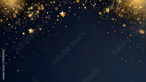 Abstract background with Dark blue and gold particle. New year, Christmas background with gold stars and sparkling. Christmas Golden light shine particles bokeh on navy background. Gold foil texture photo