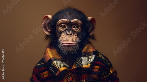 Thoughtful Chimpanzee in Plaid Attire Gazing with Curious Expression © vanilnilnilla