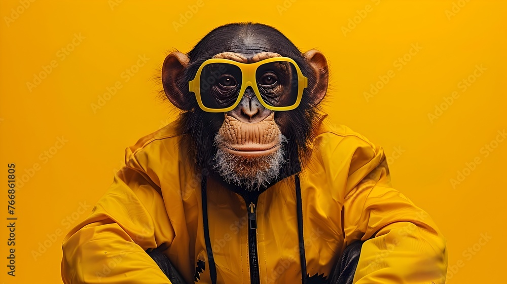 Surreal of Monkey in Hockey Gear on Shiny Yellow Background Surreal of Monkey in Hockey Gear on Shiny Yellow Background