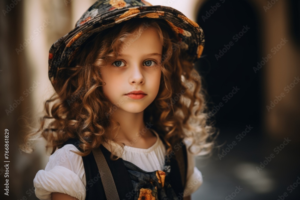 portrait of a beautiful little girl with curly hair in a hat portrait of a beautiful little girl with curly hair in a hat