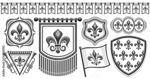 Vector Fleur de Lis set, horizontal banner with collection of isolated illustrations of diverse black and white fleur de lis flourishes, seamless garland, group of vintage decorative design elements