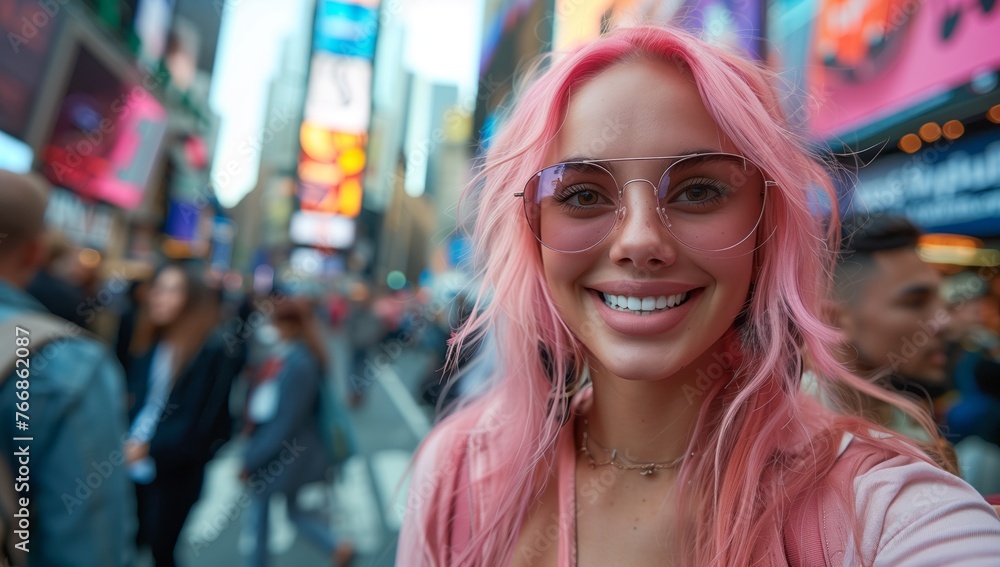 A happy woman with pink hair is smiling while taking a selfie on a city street filled with a crowd. She is wearing electric blue eyewear, enjoying leisure time during a travel event