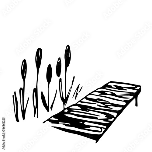 Simple black outline vector drawing. Wooden pier, reeds. Sketch in ink.