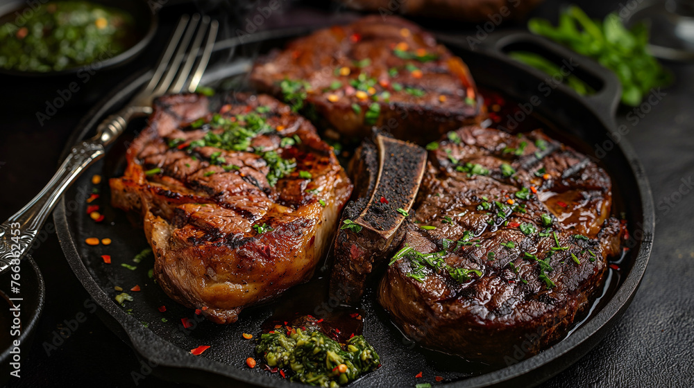 Juicy Grilled Steak Garnished with Herbs
