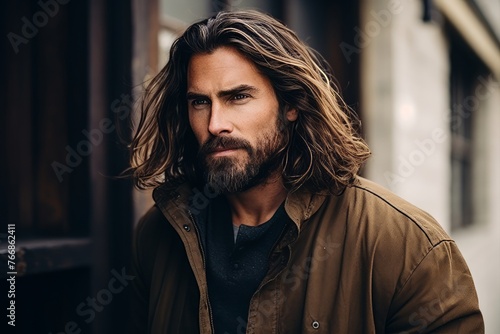 Handsome young man with long hair and beard in the city