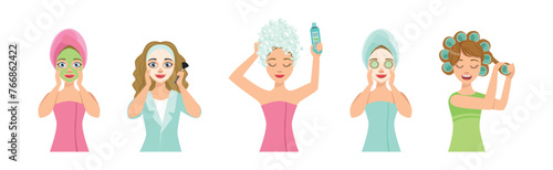 Beautiful Woman Character Engaged in Self Care and Grooming Vector Set