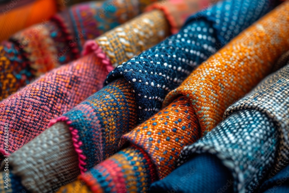 Close-up of various textured fabric rolls in a vibrant palette Close-up of various textured fabric rolls in a vibrant palette