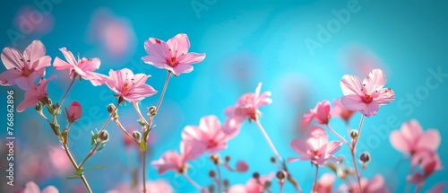  Blue-green background with a blue sky featuring an array of vibrant pink flowers © Albert