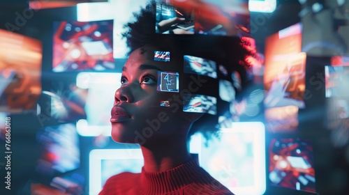a woman is looking up at a bunch of screens on her head