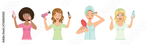 Beautiful Woman Character Engaged in Self Care and Grooming Vector Set