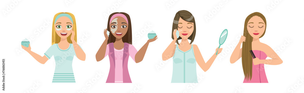 Beautiful Woman Character Engaged in Self Care and Grooming Vector Set Beautiful Woman Character Engaged in Self Care and Grooming Vector Set