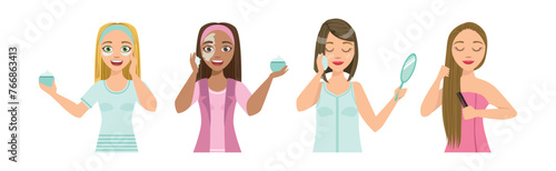 Beautiful Woman Character Engaged in Self Care and Grooming Vector Set