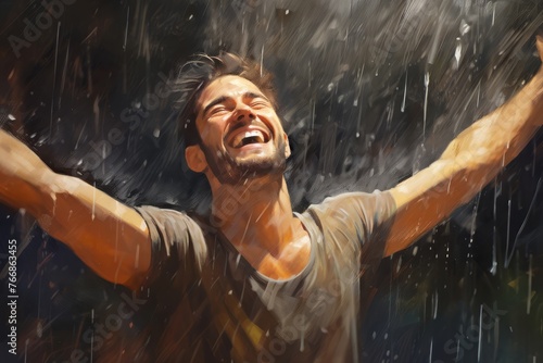 Hopecore-inspired portrait of a man dancing freely in the rain, embracing life's challenges with optimism, resilience, and a sense of inner joy.