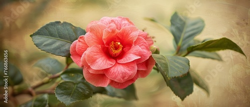   Pink flower in bloom, captured up close on a branch adorned with lush green foliage, featuring a vibrant yellow center
