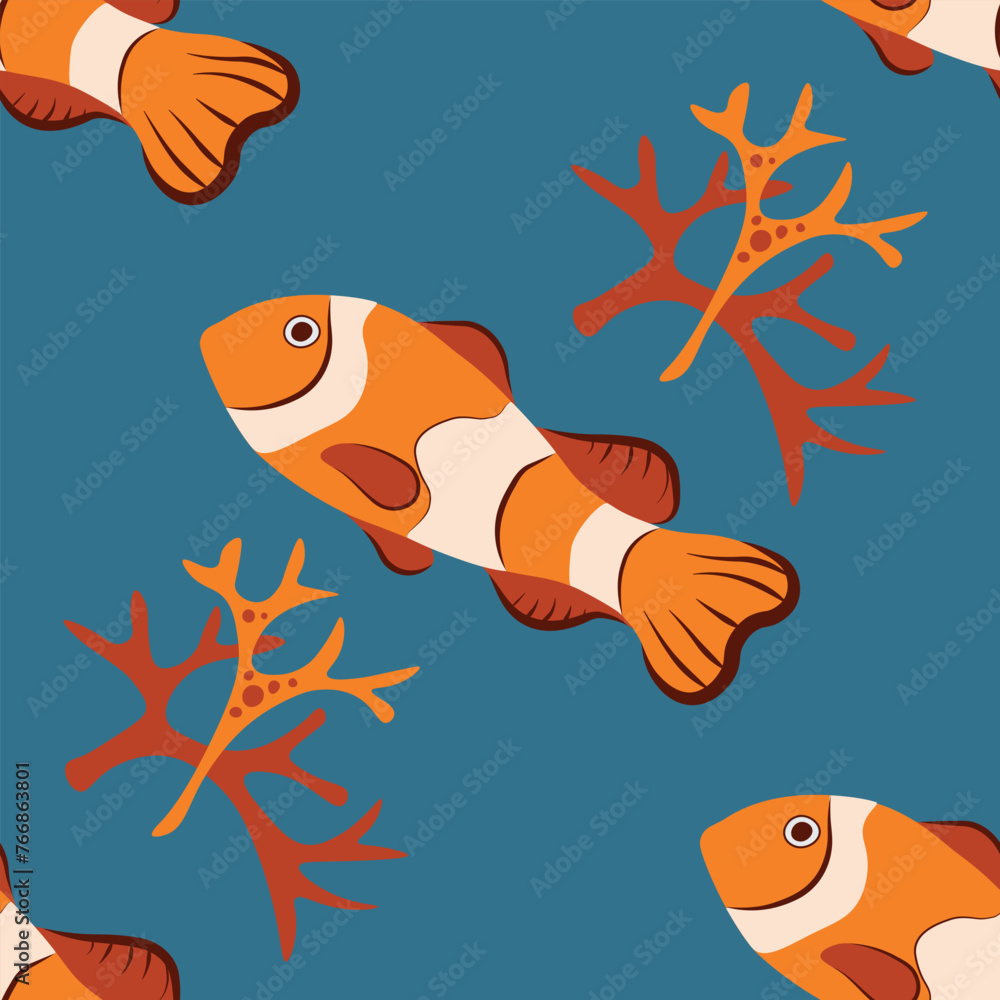 Fototapeta premium Vector seamless pattern with clown fish and corals