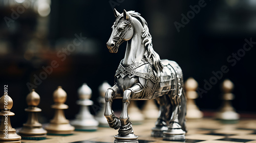 Close up of shot of a chess board silver horse moving on chess board game Chess piece on chessboard competition success and strategy game pla