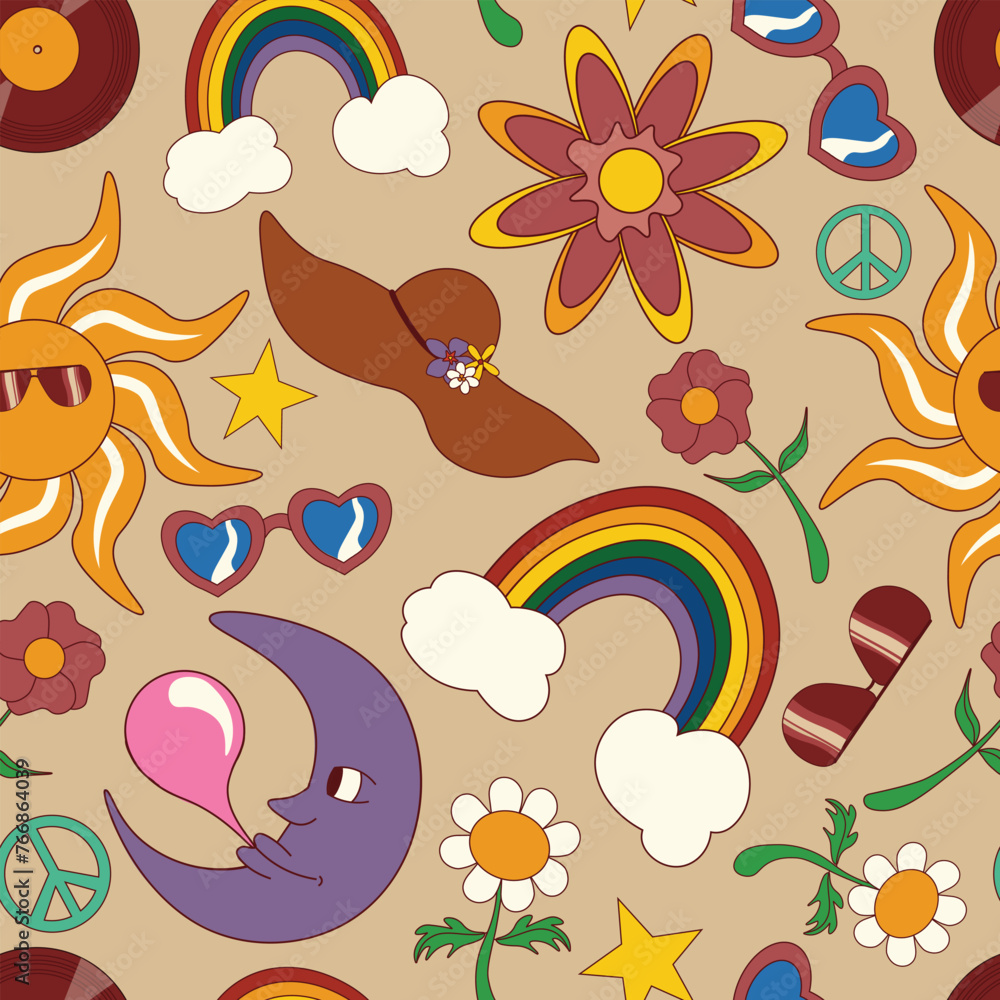 Vector seamless pattern with elements of vintage hippie style