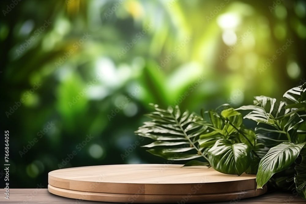 Wooden product display podium for cosmetic product with green nature background Wooden product display podium for cosmetic product with green nature background