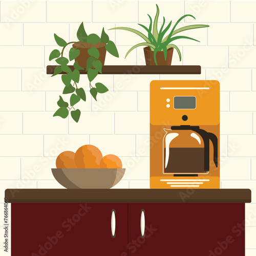 Square vector illustration of a coffee machine and a bowl with oranges on a kitchen counter