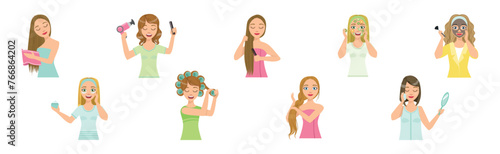 Beautiful Woman Character Engaged in Self Care and Grooming Vector Set