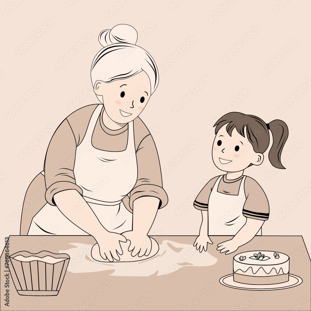 A smiling grandmother is kneading cake dough in the kitchen with her little granddaughter standing nearby and watching the process. Monochrome colors. A smiling grandmother is kneading cake dough in the kitchen with her little granddaughter standing nearby and watching the process. Monochrome colors.