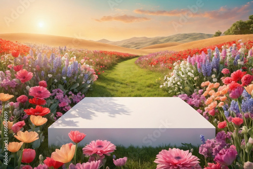 Elegant empty natural podium for product display, amidst a dreamy field of vibrant flowers, soft morning light © Giuseppe Cammino