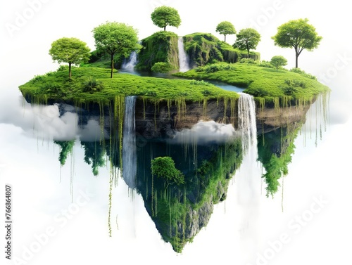 A lush green floating island with waterfalls and trees  suspended above clouds  embracing serenity and fantasy.