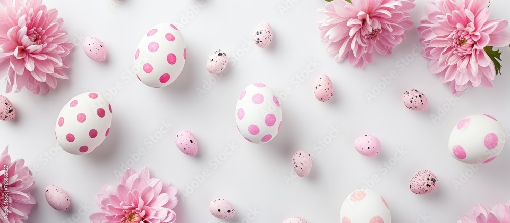 Easter eggs and pink flowers against a white backdrop, representing Easter and spring. Image is displayed in a flat lay, top-down view. Easter eggs and pink flowers against a white backdrop, representing Easter and spring. Image is displayed in a flat lay, top-down view.
