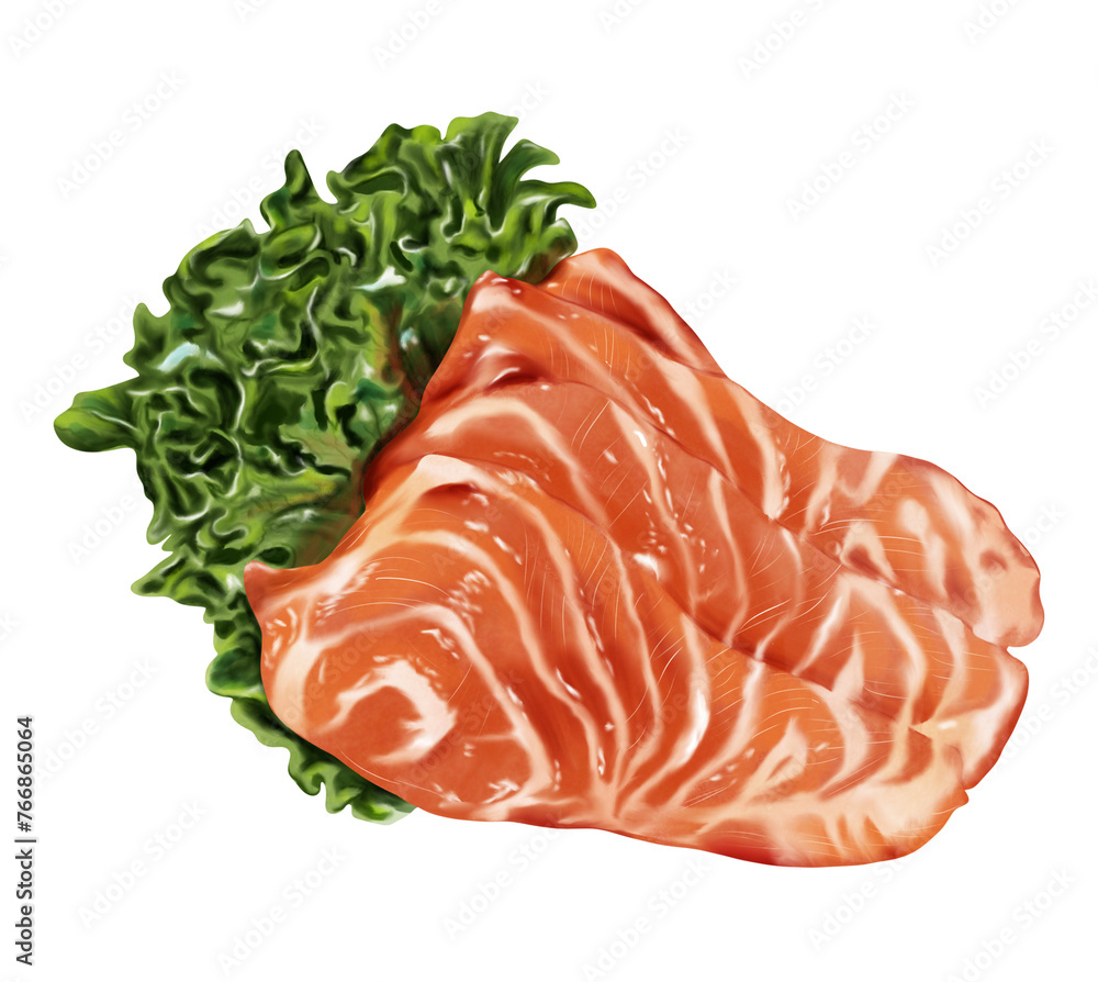 Hand drawn watercolor of Salmon fillet with salad vegetables isolated on transparent background. Hand drawn watercolor of Salmon fillet with salad vegetables isolated on transparent background.