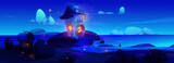 Fantasy mushroom house of elf or fairy animal on sea or ocean shore at night under moonlight. Cartoon magic landscape with cute tiny gnome cottage made of fungus with light in windows on beach.