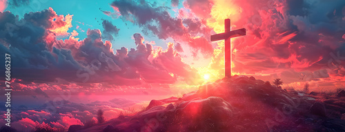 Christian Easter symbol on colorful sunset sky. Conceptual religious image.