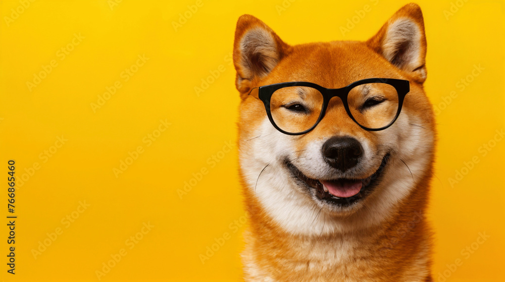 Happy shiba. Dog with glasses of red heart inu dog on yellow. Red-haired Japanese dog smile portrait. Happy shiba. Dog with glasses of red heart inu dog on yellow. Red-haired Japanese dog smile portrait.