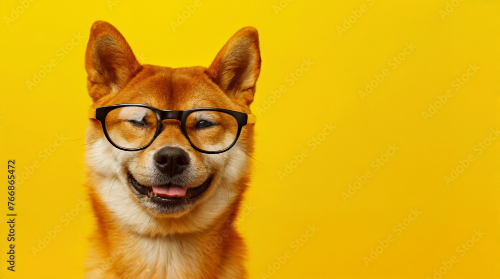Happy shiba. Dog with glasses of red heart inu dog on yellow. Red-haired Japanese dog smile portrait. Happy shiba. Dog with glasses of red heart inu dog on yellow. Red-haired Japanese dog smile portrait.