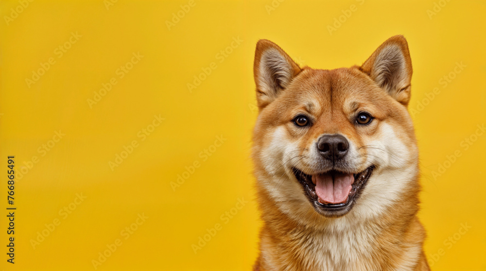 Happy shiba. Dog with glasses of red heart inu dog on yellow. Red-haired Japanese dog smile portrait.