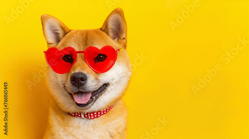 Happy shiba. Dog with glasses of red heart inu dog on yellow. Red-haired Japanese dog smile portrait.