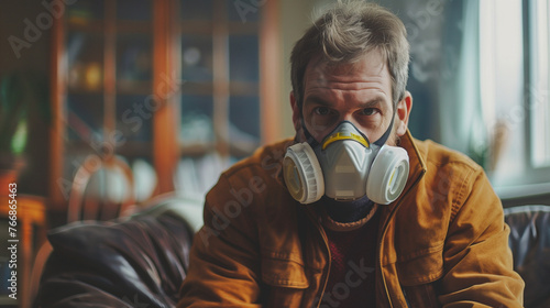 man with gas mask in living...