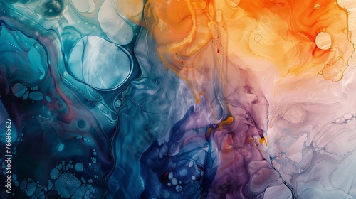 This artwork is an abstract and colorful piece created using a combination of oil, water, and ink. photo