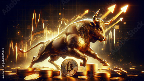 Economic Boom Represented by Gold Bull and Crypto Coins photo