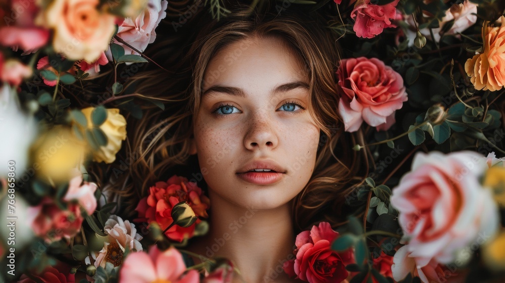 A beautiful young woman surrounded by flowers A beautiful young woman surrounded by flowers