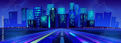 Night neon light from future city building on road background. Perspective skyscraper street and futuristic urban highway track view. Dark modern metropolis and thunderbolt discharge trail in sky.