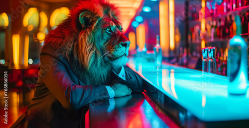 A lion businessman in a designer suit leaning on a neon-lit bar
