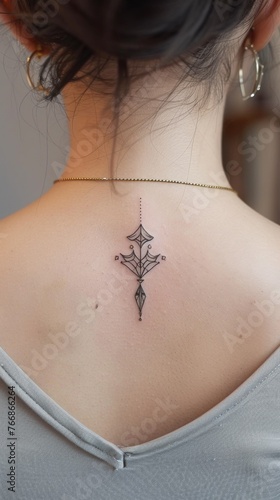 A woman with a cross tattoo on her back