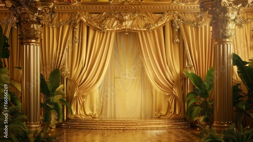 A stage with a gold curtain and columns